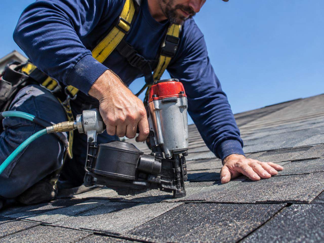 Roofer installing new shingles on a home
